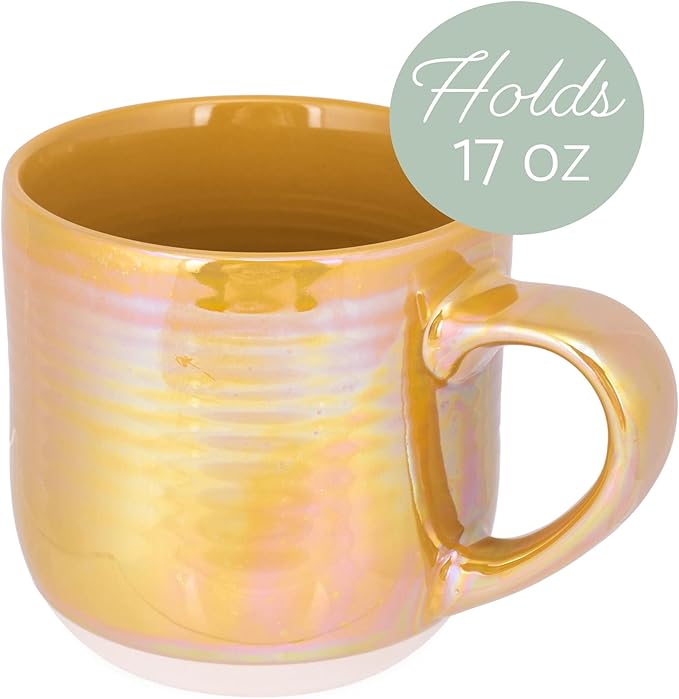 Elanze Designs Glossy Reactive Glaze Large 17 Fluid Ounce Everyday Kitchen Food Grade Ceramic Stoneware Coffee Mug Cup with Comfort Curved Handles, Set of 4, Gold Tone