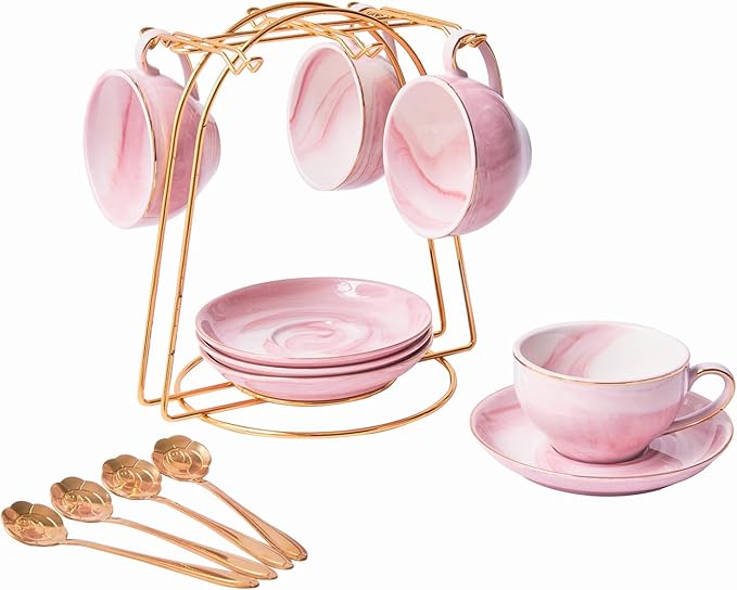 Ceramic Espresso Cups Set with Saucers and Metal Stand, 4 oz Porcelain Stackable Cappuccino Cups Teacup For Tea, Espresso, Latte, Coffee, Cafe Mocha (Pink