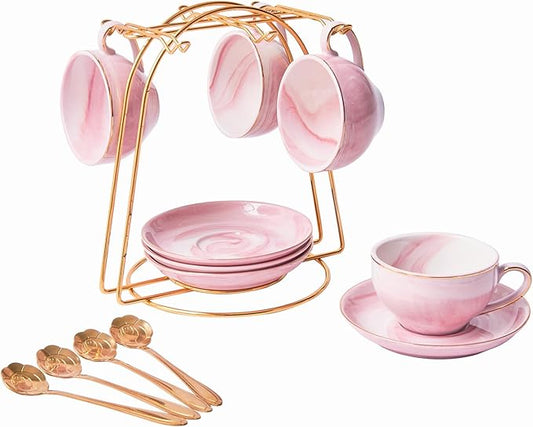 Ceramic Espresso Cups Set with Saucers and Metal Stand, 4 oz Porcelain Stackable Cappuccino Cups Teacup For Tea, Espresso, Latte, Coffee, Cafe Mocha (Pink