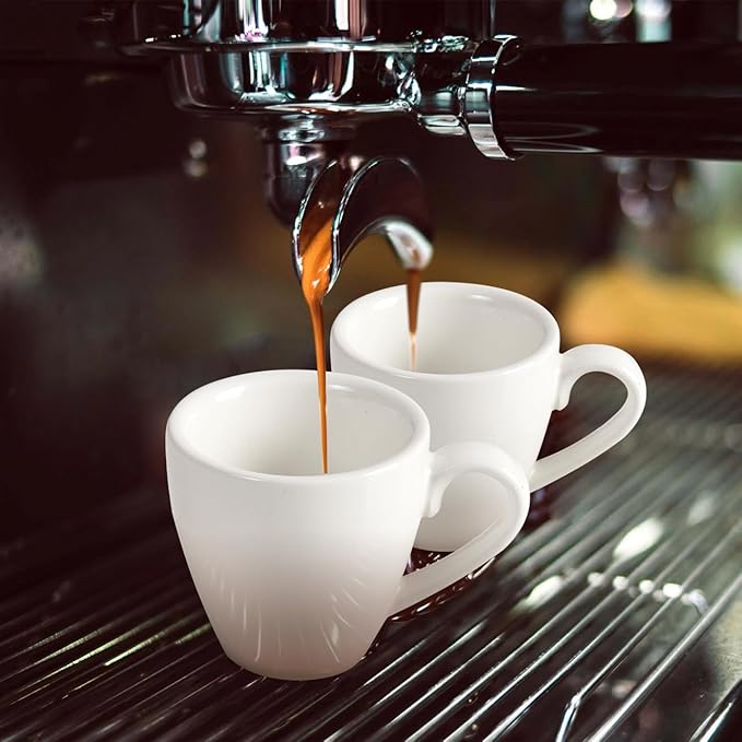 homEdge Porcelain Espresso Shot Cup Set with Saucers and Stainless Steel Spoons - 80 ml / 2.67 oz, Set of 4, White