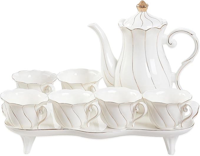 DUJUST 14 pcs Tea Set for 6 with Tea Tray & Spoons, Luxury British Style Coffee Cup Set with Golden Trim, Beautiful Porcelain Set for Living Room Decor, Tea Party Set, Gift Package - White