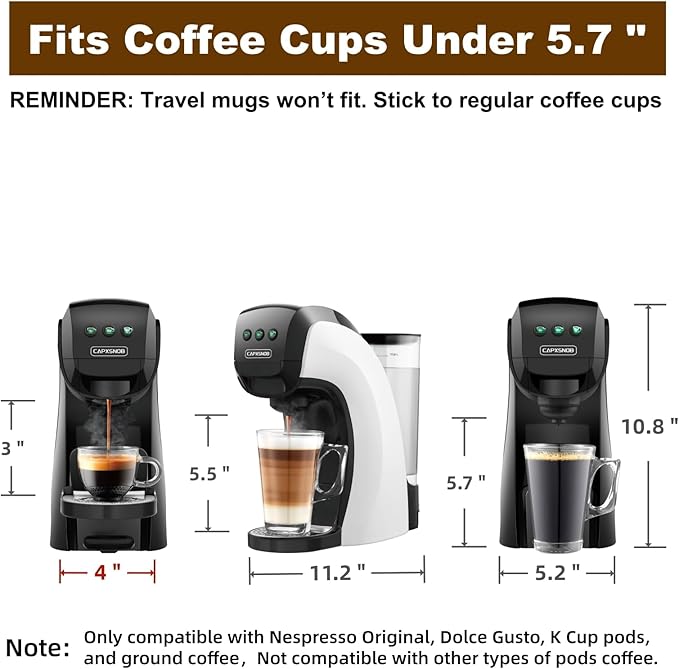 Warriors1 Single Serve Coffee Maker for Keurig K Cup, Espresso Machine for Nespresso Original, Dolce Gusto Pods, Ground Coffee, Cappuccino & Latte Coffee Machine, 20 Bar Espresso Maker, 3 Brew Sizes