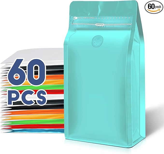 Coffee Bags with Valve(60pcs,16 oz,1 lb) Vented Coffee Beans Packaging Bags High Barrier Aluminumed Foil Flat Bottom Heat Sealed Side Zipper Resealable Storage Bag for Home or Business（Blue）