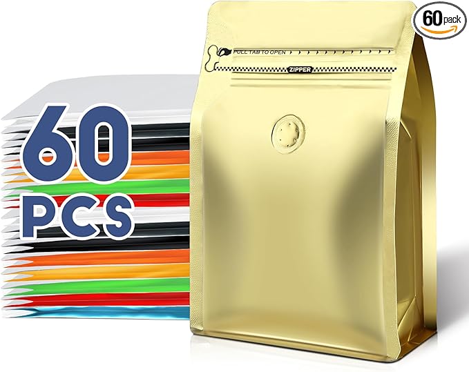 Coffee Bags with Valve(60pcs,8 oz,1/2 lb) Vented Coffee Beans Packaging Bags High Barrier Aluminumed Foil Flat Bottom Heat Sealed Side Zipper Resealable Storage Bag for Home or Business（Gold）