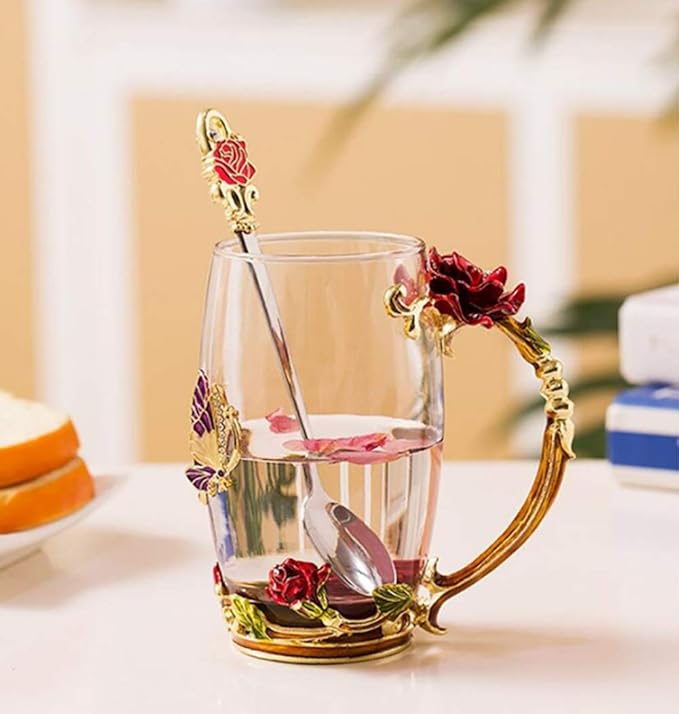 Handicraft Crystal Glass 3D Flower Cups Tea Mug With Tea Spoon Women Coffee, Tea, Juice, Beer, Milk Hot And Cold Drinks Use Gift Package. (Red Rose-Tal)