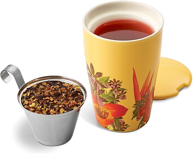 Tea Forte Double-Walled Ceramic Kati Cup, Removable Stainless Steel Infuser Basket and Lid, Steeps 12 oz Loose Leaf Tea, Dishwasher & Microwave Safe, Paradis