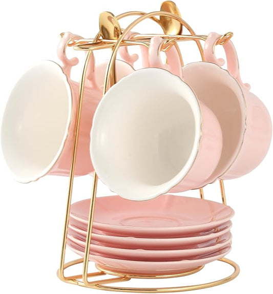 DUJUST Tea Cups and Saucers Set of 4 (8 OZ), Candy Pink Tea Cup Set with Golden Trim, Petal Edge Coffee Cups with Metal Stand, Simple Style Porcelain Tea Party Set - Pink