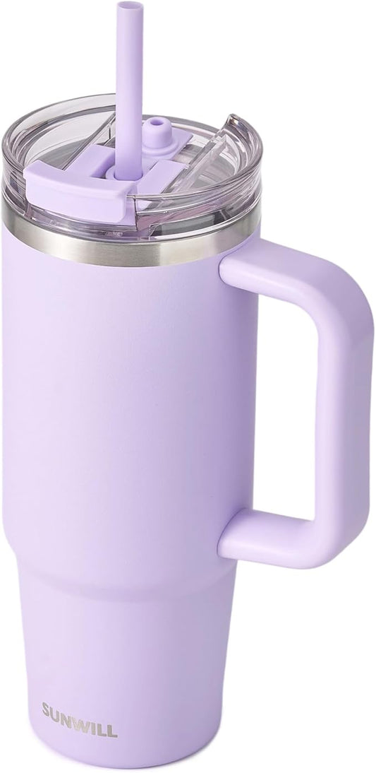 SUNWILL Coffee Tumbler with Handle, 30 oz Travel Mug with Lid and Straw Insulated, Stainless Steel Cup Leak Proof for Travel & Outdoor, Cupholder Friendly, Powder Coated Orchid