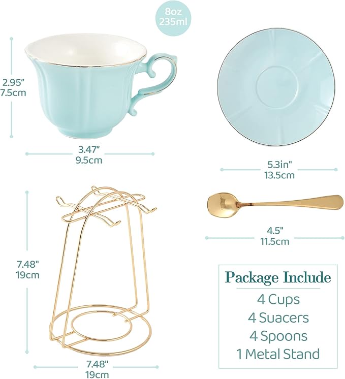 DUJUST Tea Cups and Saucers Set of 4 (8 OZ), Nile Blue Tea Cup Set with Golden Trim, Petal Edge Coffee Cups with Metal Stand, Simple Style Porcelain Tea Party Set - Light Green