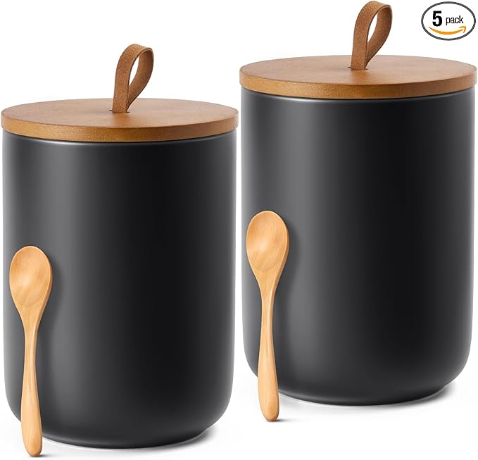 Kitchen Canisters Set of 2 Large with Top Handle, Canisters Sets for The Kitchen, Airtight Kitchen Canisters for Countertop, Modern Ceramic Jar with Wooden Lid for Coffee Flour