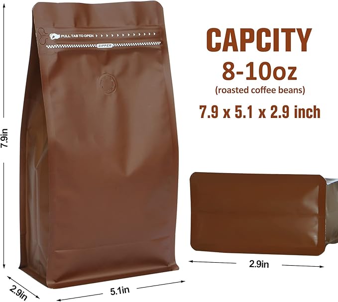 Coffee Bags with Valve(50pcs,16 oz) Brown High Barrier Aluminumed Foil Flat Bottom Standing Coffee Beans Storage Bags,Reusable Heat Sealable Side Zipper Pouches for Home or Store