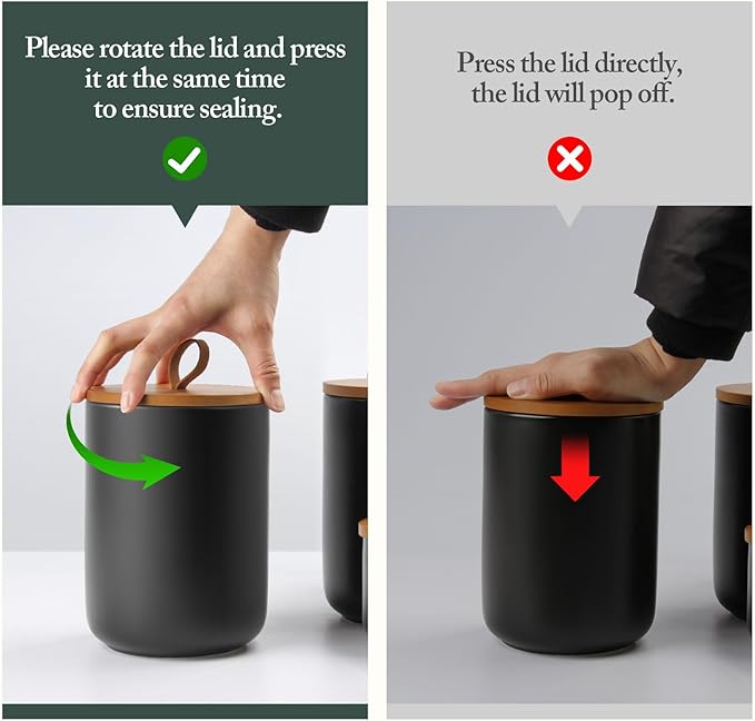 Black Canisters Sets for The Kitchen, Airtight Kitchen Canisters for Countertop, Kitchen Canisters Set of 3 with Top Handle, Modern Ceramic Jar with Wooden Lid for Coffee Flour Cookie Nuts