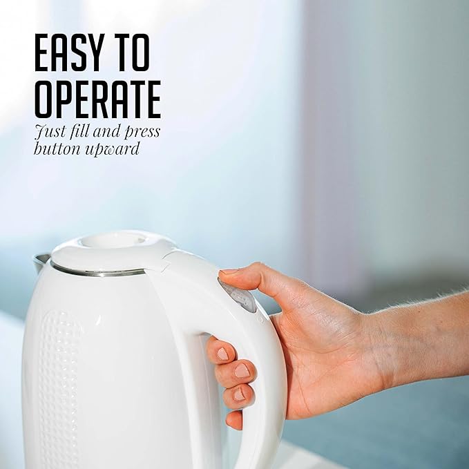 OVENTE 1.7L Double Wall Electric Tea Kettle, 1100W Water Boiler and Heater with Cool-Touch Exterior, Stainless Steel Insulated Interior, Auto Shut-Off, Boil-Dry Protection & Locking Lid, White KD64W