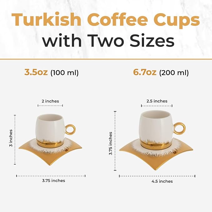 Turkish Coffee Cup Set of 6 with Saucers - Luxury Arabic Greek Japanese Marble Ceramic Tea Cups for Espresso Cappuccino Latte Mocha, Ideal Gift - 3.5oz,- Assorted Colors