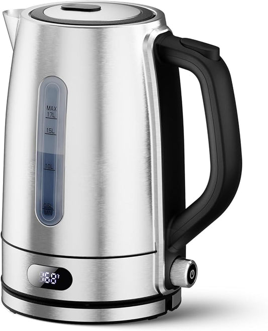 COWSAR Electric Kettle with Precise Temp Control - Hot Water Kettle 1.7L, 304 SS, Hidden Heater, Temp Display, One-Key Lid, Auto Off, Safety Guards, 360° Cordless Base
