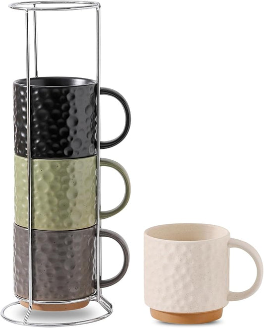Nihow Ceramic Coffee Mug Set of 4, 16OZ Stackable Coffee Mug Set with Stainless Stand,Large Cup Set for Cappuccino,Tea,Hot/Cold Drinks,Dishwasher & Microwave Safe,Mixing Color