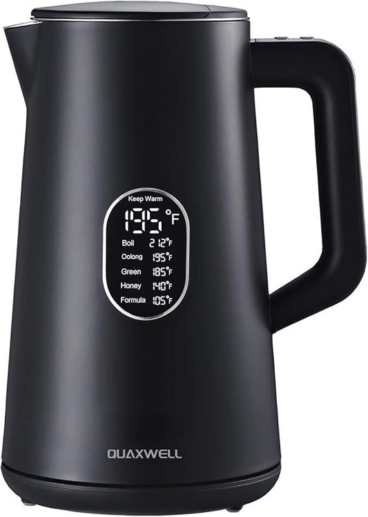 1.5L Electric Kettle Stainless Steel, Double Wall Cool Touch Teapot, Fast Boil,5 Temperature Control, LED Display, Auto Shut-Off, BPA-Free,Keep Warm Function, Ideal for Tea & Coffee,Black