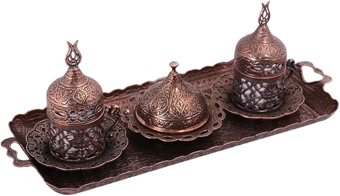 Alisveristime Turkish Coffee Set for Two - Authentic Ottoman Style Cups, Saucers, and Serving Tray with Lale Motifs (Acur) (Copper)