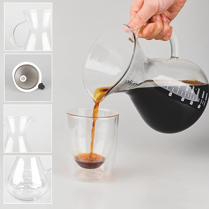 T-mark Pour Over Coffee Maker with Reusable Double-layer Stainless Steel Filter, 400ml/14oz BPA-Free Glass Coffee Carafe, Glass Coffee Maker, Coffee Dripper Brewer