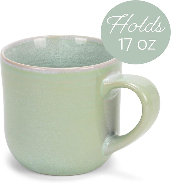 Elanze Designs Glossy Reactive Glaze Large 17 Fluid Ounce Everyday Kitchen Food Grade Ceramic Stoneware Coffee Mug Cup with Comfort Curved Handles, Set of 4, Seafoam Mint Green