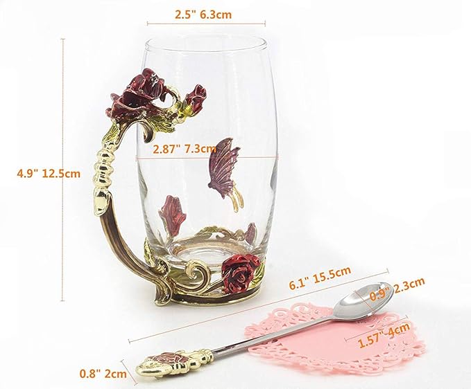 Handicraft Crystal Glass 3D Flower Cups Tea Mug With Tea Spoon Women Coffee, Tea, Juice, Beer, Milk Hot And Cold Drinks Use Gift Package. (Red Rose-Tal)