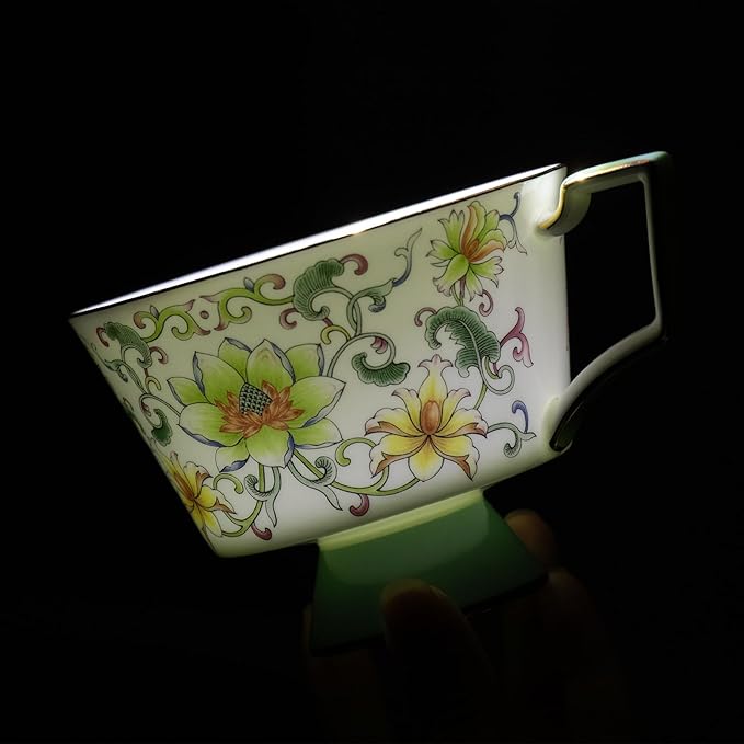 KAMMAK Ceramic Coffee Cups Saucers Set of 2, Porcelain Espresso Cups with Saucers, 8.12 oz Handcrafted Elegant Bone China Tea Cups, Lotus Floral Pattern Teacup for Party, Office, Women Gift