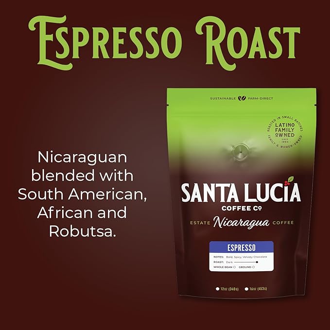 Santa Lucia Coffee Café Crema Espresso Roast Coffee - Specialty Volcanic Nicaraguan Espresso Roast - Farm-Direct, Low-Acid - Dense Golden Crema - 91-Point, Small-Batch - Ground - 16oz (Pack of 2)