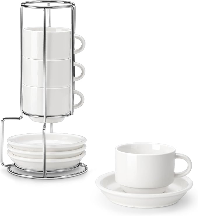 MALACASA 2.5 OZ Porcelain Espresso Cups with Saucers and Metal Stand Set of 4, Stackable Cappuccino Cups, White Expresso Shots Cup Set for Coffee Drinks, Latte, Tea