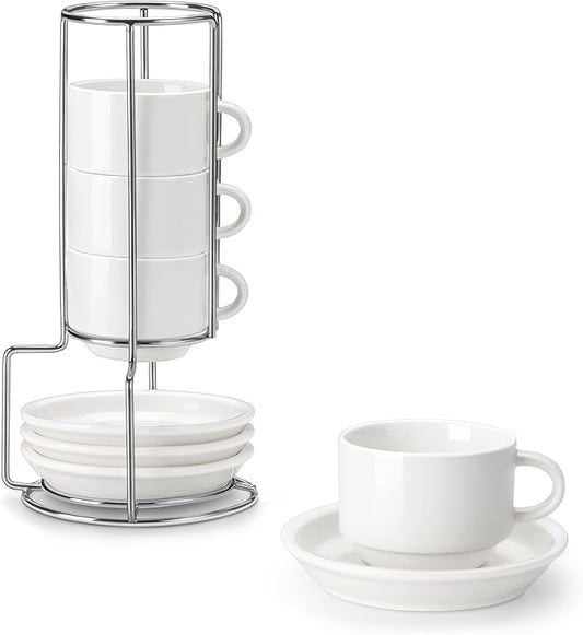 MALACASA 2.5 OZ Porcelain Espresso Cups with Saucers and Metal Stand Set of 4, Stackable Cappuccino Cups, White Expresso Shots Cup Set for Coffee Drinks, Latte, Tea