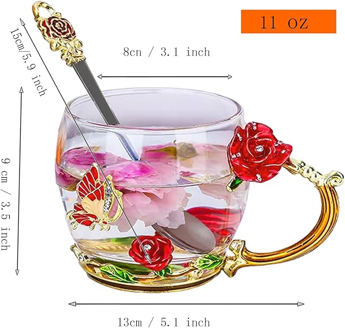 Glass Tea Cup，Birthday present for a mother a birthday present for RoseCoffee Mugs for Mother's Day (Rose Red A)