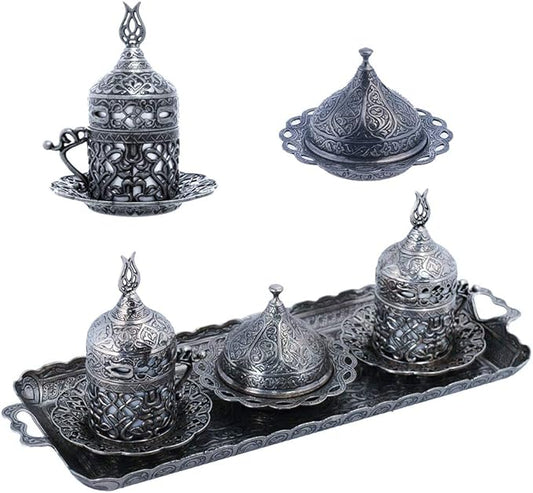 Alisveristime Turkish Coffee Set for Two - Authentic Ottoman Style Cups, Saucers, and Serving Tray with Lale Motifs (Acur) (Black)