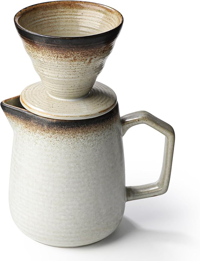 Pour Over Coffee Maker, Ceramic Coffee Dripper 20oz/620ml, with 50 pcs V60 Paper Filter, Drip Coffee Brewer, Vintage-Style (white, 1)