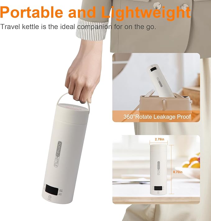 Travel Tea Kettle（110V）, Portable Electric Kettle, 316 Stainless Steel Premium Liner, 4-speed Temperature Adjustment with Auto Shut-off and Boil-Off Protection,White.