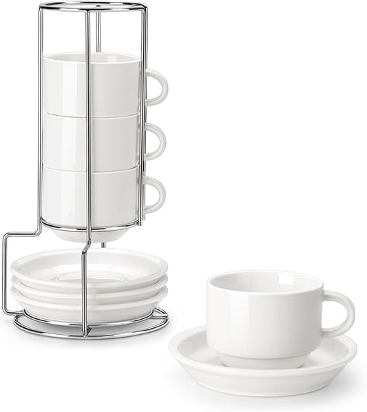 MALACASA 8 OZ Porcelain Espresso Cups with Saucers and Metal Stand Set of 4, Stackable Cappuccino Cups, White Expresso Shots Cup Set for Coffee Drinks, Latte, Tea