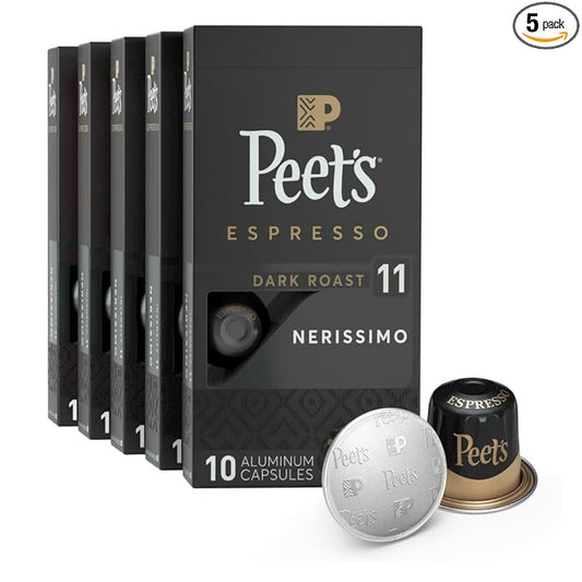 Peet's Coffee, Dark Roast Espresso Capsules, Compatible with Nespresso Original Machine - Nerissimo Intensity 11, 50 Count (5 Boxes of 10 Espresso Capsules)