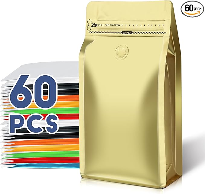 Coffee Bags with Valve(60pcs,16 oz,1 lb) Vented Coffee Beans Packaging Bags High Barrier Aluminumed Foil Flat Bottom Heat Sealed Side Zipper Resealable Storage Bag for Home or Business（Gold）