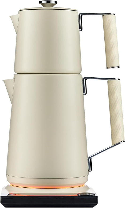 SAKI TeaSmart Electric Turkish Tea Maker, 110V Double Pot Electric Tea Kettle, 304 Stainless Steel BPA Free Turkish Tea Set, LED Indicator, Auto Shut-Off & Boil-Dry Protection, 1.75L, (Pearl White)