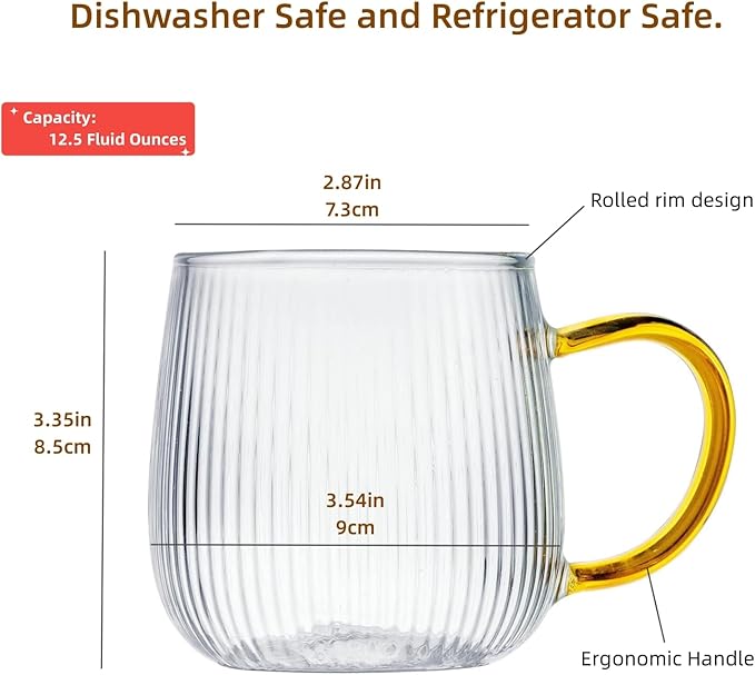 GLASKEY Borosilicate Glass Coffee Mugs Set of 2,12oz Glass Coffee Cups with Vertical Stripes Pattern,Clear Tea Cup for Tea,Coffee,Latte,Hot and Cold Beverage,Christmas Thanksgiving Gifts