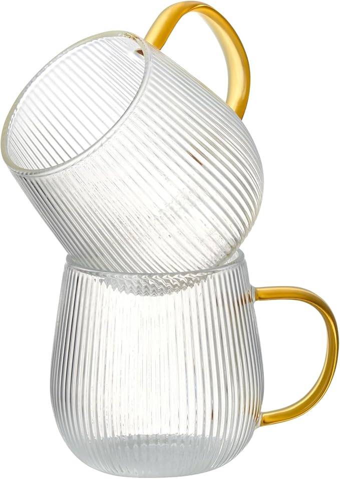 GLASKEY Borosilicate Glass Coffee Mugs Set of 2,12oz Glass Coffee Cups with Vertical Stripes Pattern,Clear Tea Cup for Tea,Coffee,Latte,Hot and Cold Beverage,Christmas Thanksgiving Gifts