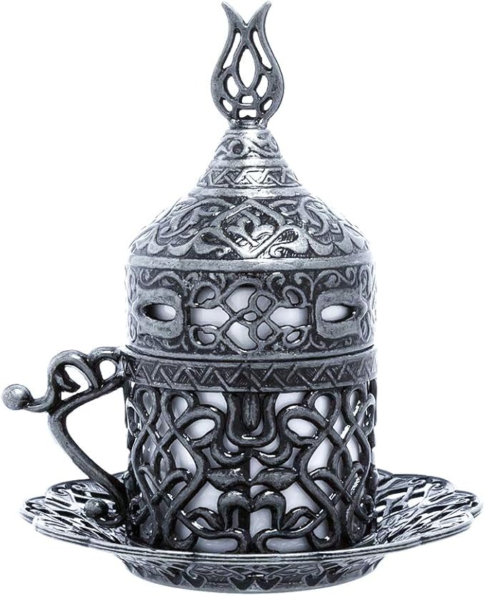 Alisveristime Turkish Coffee Set for Two - Authentic Ottoman Style Cups, Saucers, and Serving Tray with Lale Motifs (Acur) (Black)