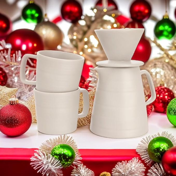 Francois et Mimi Pour Over Drip Coffee Maker Gift Set with Two Coffee Mugs, Non-Electric Pour Over Coffee Dripper, Easy Manual Brew Maker, Dishwasher and Microwave Safe, Filters not included (Ivory)