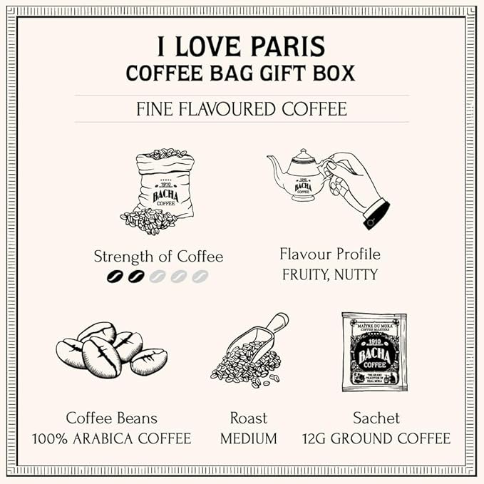 Bacha Coffee | I Love Paris Fine Flavoured, Medium Roast, 100% Arabica Specialty Coffee, 12 Coffee Drip Bags, Gift Box