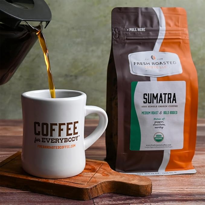 Fresh Roasted Coffee, Organic Sumatra | 100% Single Origin, USDA Organic, Kosher | Medium Roast 12 oz Whole Bean