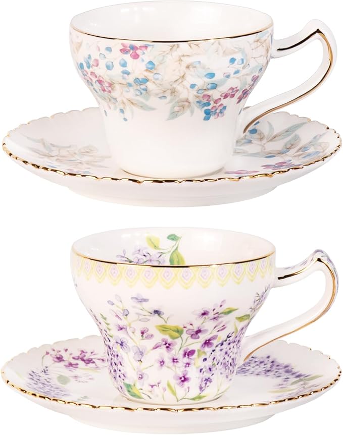 KAMMAK Tea Cups and Saucers Set of 2, Reinforced Porcelain Coffee Cups, 7.4-Ounce Stackable Espresso Mugs, Ceramic Demitasse for Coffee, Cappuccino, Latte, Americano, Tea, Lilac + Colorful