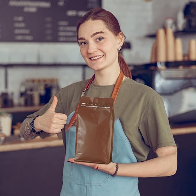 Coffee Bags with Valve(50pcs,16 oz) Brown High Barrier Aluminumed Foil Flat Bottom Standing Coffee Beans Storage Bags,Reusable Heat Sealable Side Zipper Pouches for Home or Store