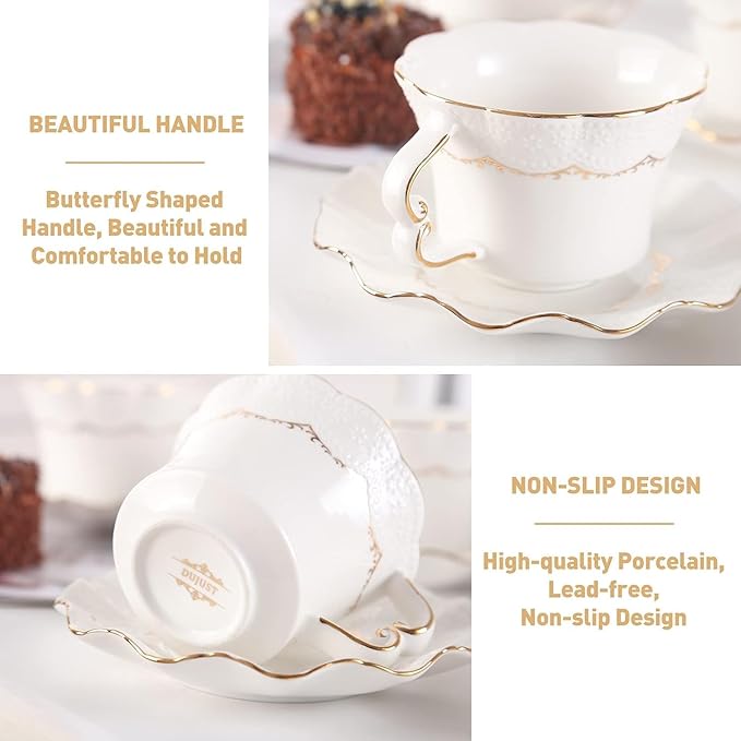 DUJUST Tea Cups and Saucers with Golden Trim,Set of 4 (7 OZ), Luxury Relief Printing Coffee Cups with Metal Stand, British Royal Porcelain Tea Party Set - White