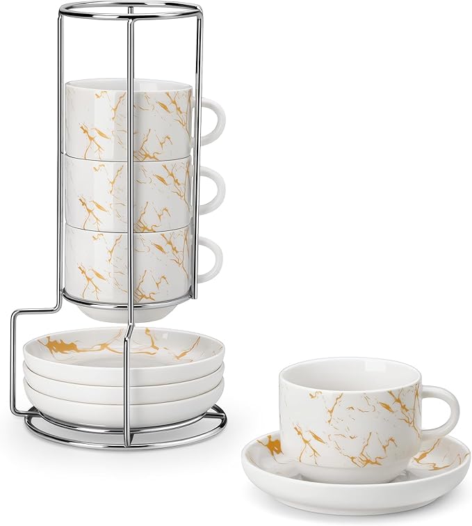 MALACASA 2.5 OZ Porcelain Espresso Cups with Saucers and Metal Stand Set of 4, Stackable Cappuccino Cups, Marble White Expresso Shots Cup Set for Coffee Drinks, Latte, Tea