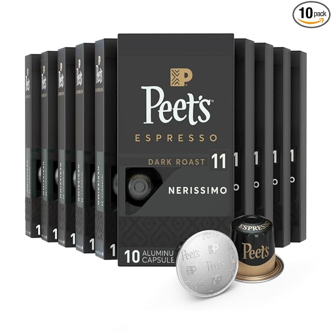 Peet's Coffee, Dark Roast Espresso Capsules, Compatible with Nespresso Original Machine - Nerissimo Intensity 11, 100 Count (10 Boxes of 10 Espresso Capsules)