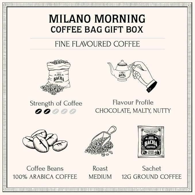 Bacha Coffee | Milano Morning Fine Flavoured, Medium Roast, 100% Arabica Specialty Coffee, 12 Coffee Drip Bags, Gift Box