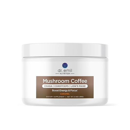 Dr. Emil Mushroom Coffee for Focus & Energy - Instant Coffee with Lions Mane, Chaga & Cordyceps - Delicious Caramel Flavor & Potent Mushroom Powder Blend